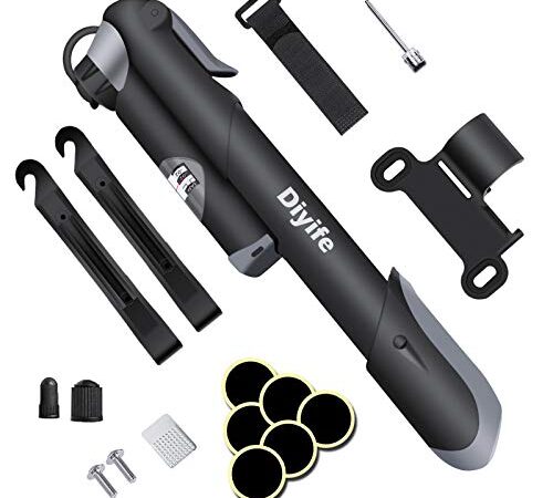 Diyife Pompe À Vélo [Édition Classique][avec Manomètre] Mini Pompe pour Vélo, avec Aiguille, Kit De Raccordement sans Colle, Capuchons De Valve De Vélo Et Soutien, Valve Fit Presta/Schrader