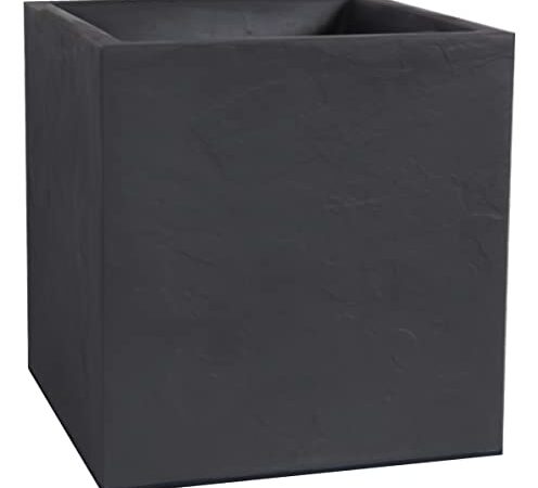 EDA - Pot Carré 40 cm Volcania 31 L - Décor Imitation Pierre - Double Paroi - Zone de Rétention d'Eau - 39,5 x 39,5 x 43,5 cm - Gris anthracite