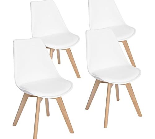 EGGREE Chaises Salle à Manger Scandinaves SGS Tested Lot de 4 Chaises de Cuisine, Rétro Rembourrée Chaise de Salle de Bureau, Pieds en Bois de Hêtre Massif, Blanc