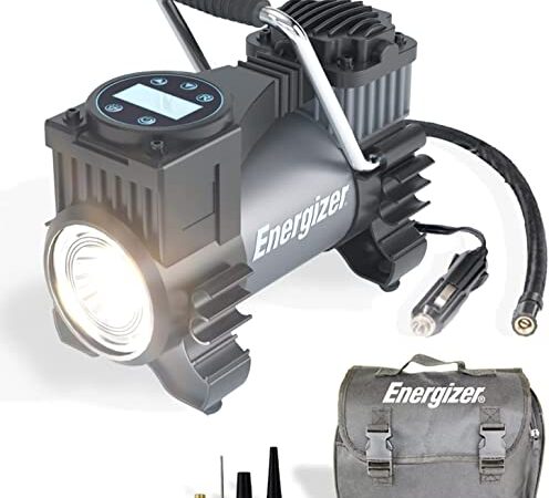 Energizer Compresseur d'air électrique, Pompe à air portable avec fonction d'arrêt automatique Kit de compresseur de voiture avec pression préréglée 120 PSI, Écran LCD numérique et sac de transport