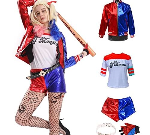 Formemory Bleu et Rouge Cosplay Costume Adulte, et Veste T shirt Shorts Halloween Fille Déguisement Bleu (Adulte, L)