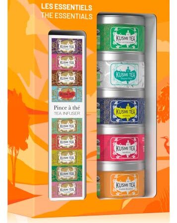 Kusmi Tea - Coffret Les Essentiels Bio + une pince à thé - Thés Verts, Noirs et Infusion - Idée Cadeau - Mélanges Conditionnés en France - Boîtes à Thé en Métal 5x25g