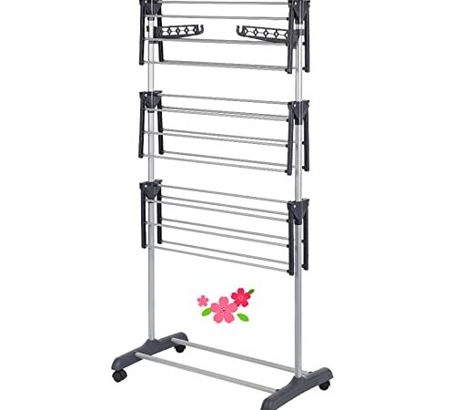 LANTUS Séchoir à Linge Pliable avec roulettes Grande Capacité Etendoir en Acier Inoxydable Ailes Pliables sur 3 Niveaux de Séchage pour Usage Intérieur/Extérieur,72*56*152cm (Gris)