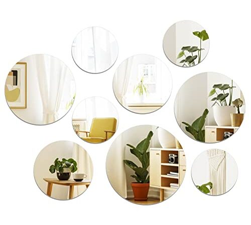 Larber 9 Pièces Miroirs Ronds Autocollants, Miroir Stickers Muraux, Petit Rond Miroir Acrylique Adhésif Autocollant Mural Miroirs Muraux Stickers Salon Chambre Décor, 6 10 15 20 cm