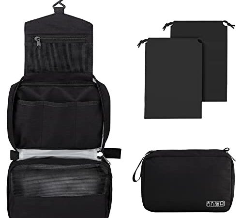 Larkumio Trousse de Toilette Homme Femme Voyage, Trousses Toilette Grande Capacité à Suspendre avec Crochet et Poignée, 1 Trousse de Toilette + 2 Sac à Cordon, Noir