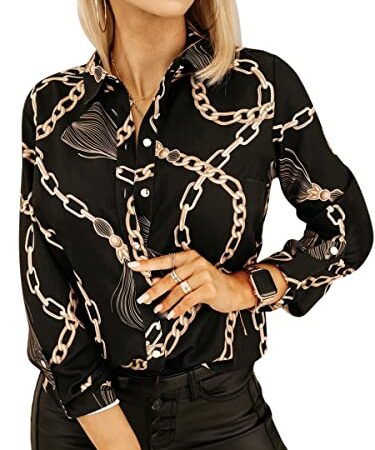 Minetom Chemisier Femme Elégant Col en V Manches Longues Imprimé Blouse avec Boutons Chemise Travail Bureau Tunique Shirt Haut Top A Noir L