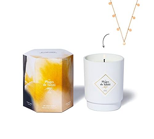 MY JOLIE CANDLE | Bougie parfumée Monoï avec Bijou (Les Plages de Tahiti) | Collier Or | Idée Cadeau Femme Maman Ado | 50h Combustion | Cire 100% Naturelle végétale | 250g