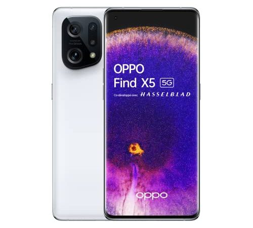 OPPO Find X5 – Smartphone 5G, 8 Go RAM + 256 Go, Écran 6.55'' OLED FHD+ 120Hz, 1 Milliard de couleurs, 50 MP + 50 MP + 13MP, Vidéo de Nuit 4K, 4800 mAh Recharge Rapide 80W, IP54, Blanc [version FR]