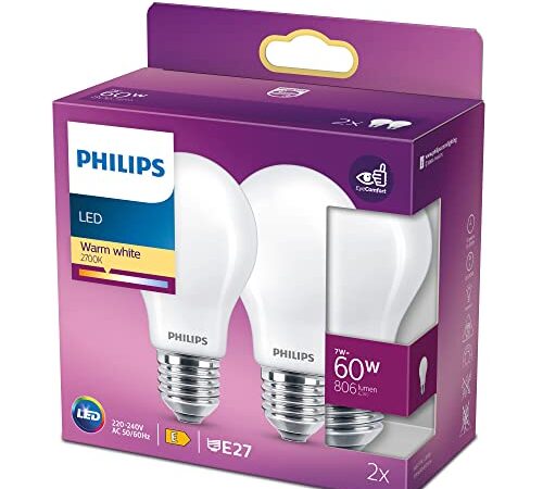 Philips ampoule LED Standard E27 60W Blanc Chaud Dépolie, 2 Unité (Lot de 1), Verre