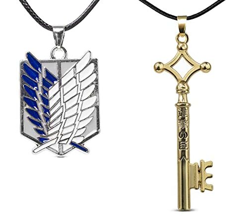 Collier avec 2 pendentifs ailes et clé de L’Attaque des Titans (Shingeki no Kyojin), Taille unique, Acier inoxydable, Sans objet